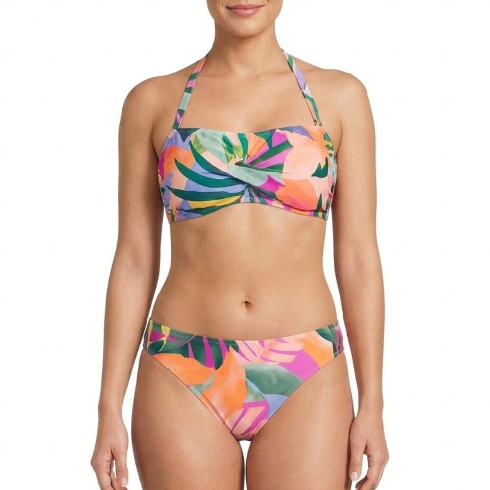 Palisades Beach Club Tropical Floral Bikini Set XL Halter Bandeau Multi-Color